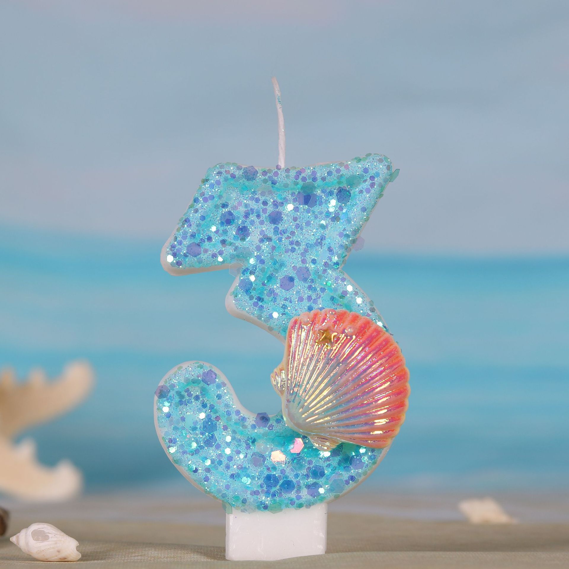 Zebra Candle Supplies - オーシャンマーメイドテーマケーキキャンドル、0〜9の数字、スパンコール付きの青いケーキトッパー、誕生日パーティー、男の子と女の子のための装飾用品