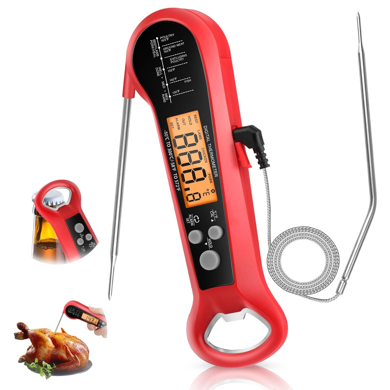 Digital Thermometer Probe - プロ仕様デジタル肉用温度計 防水仕様 2つのプローブ付き 長ケーブル インスタント読み取り キッチン調理用食品温度計