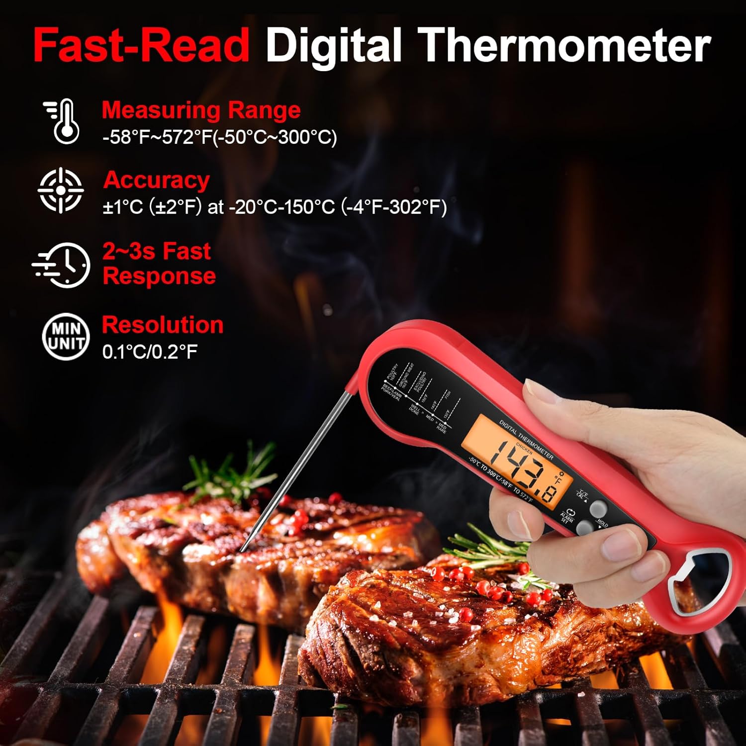 Digital Thermometer Probe - プロ仕様デジタル肉用温度計 防水仕様 2つのプローブ付き 長ケーブル インスタント読み取り キッチン調理用食品温度計